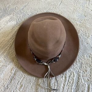 Minnetonka cowboy hat Wool Felt Hat Beaded Brown taupe western Aztec small MInnetonka Outback Hat Brown 9503 - Chester Boot Shop main image 2